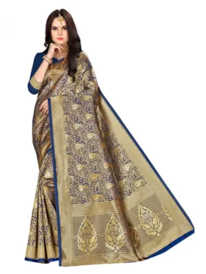 Women's Banarasi silk Saree with Blouse (Navy blue, 5-6mtr)