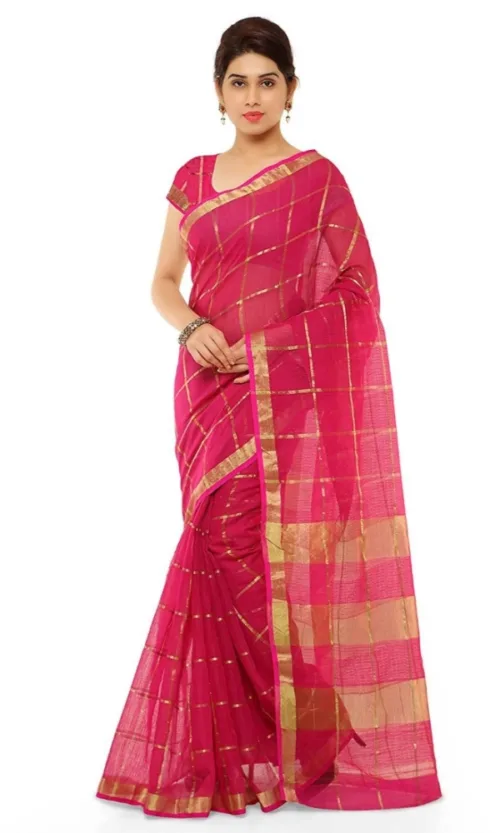 Women's Kota Doria Cotton Saree With Blouse (Rani,6-3 Mtrs)