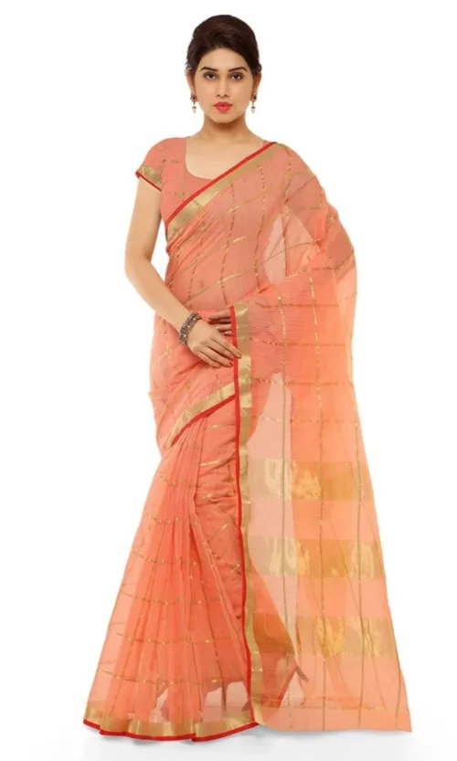 Women's Kota Doria Cotton Saree With Blouse (Peach,6-3 Mtrs)