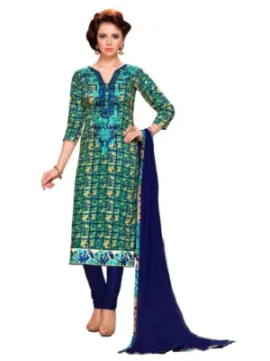 Women's Glaze Cotton Unstitched Salwar Suit-Material With Dupatta (Blue & Green,2.3 Mtrs)