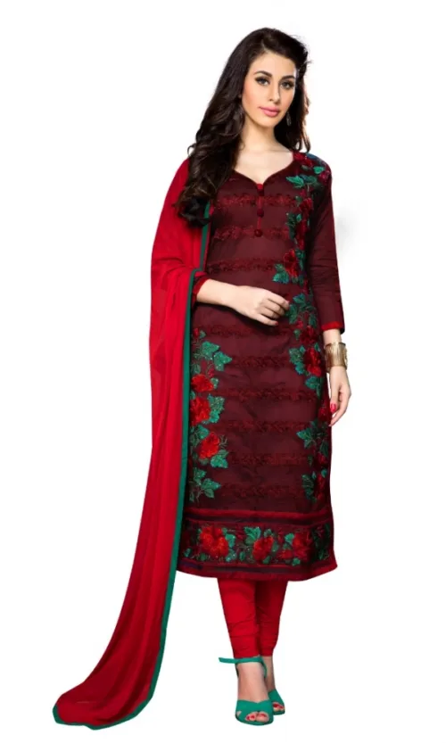 Women's Cotton Unstitched Salwar Suit-Material With Dupatta (Dark Maroon,2.3 Mtrs)