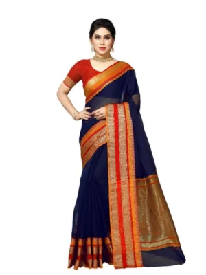 Women's Kota Doria Cotton Border Saree With Blouse (Navy Blue, 5-6 Mtrs)