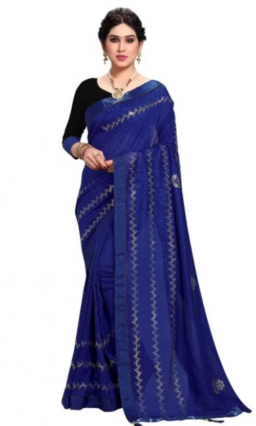 Women's Vichitra Silk HotFix Stone Work Saree With Blouse (Blue, 5-6 Mtrs)