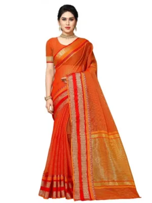 Women's Kota Doria Cotton Border Saree With Blouse (Orange, 5-6 Mtrs)
