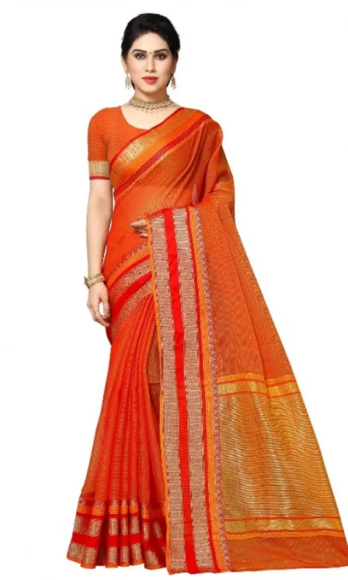 Women's Kota Doria Cotton Border Saree With Blouse (Orange, 5-6 Mtrs)