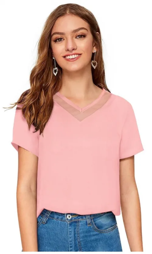 Women's Polyester, Knitting Western Wear T-Shirt (Peach)