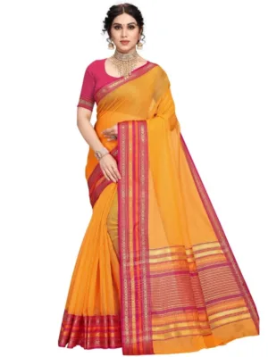 Women's Kota Doria Cotton Bordered Saree With Blouse (Gold, 5-6 Mtrs)
