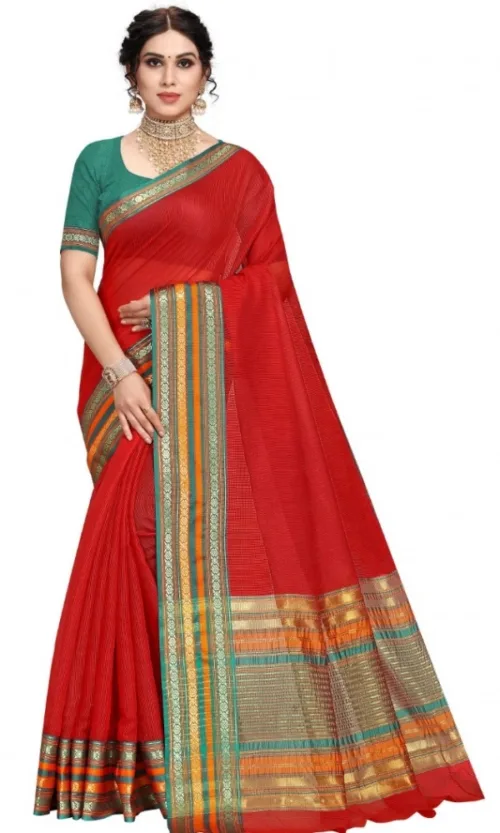 Women's Kota Doria Cotton Bordered Saree With Blouse (Red, 5-6 Mtrs)