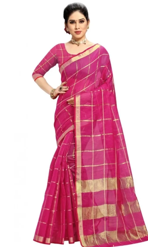 Women's Kota Doria Cotton Checked Saree With Blouse (Rani, 5-6 Mtrs)