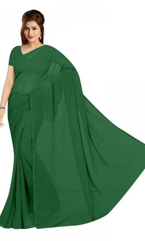 Women's Georgette Plain Saree With Blouse (Dark Green, 5-6 Mtrs)