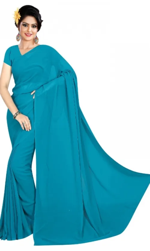 Women's Georgette Plain Saree With Blouse (Dark Firozi, 5-6 Mtrs)