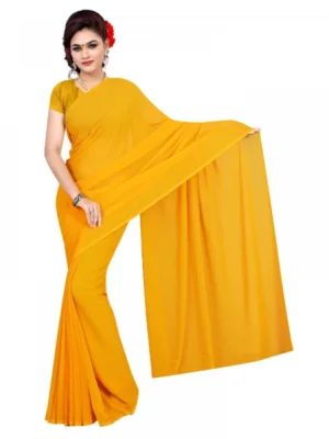 Women's Georgette Plain Saree With Blouse (Gold, 5-6 Mtrs)