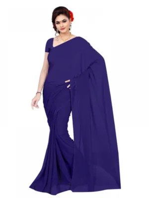 Women's Georgette Plain Saree With Blouse (Navy Blue, 5-6 Mtrs)