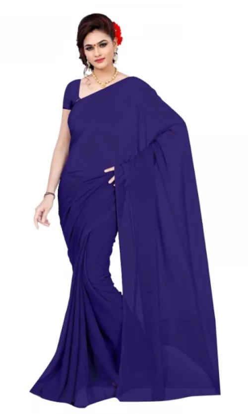 Women's Georgette Plain Saree With Blouse (Navy Blue, 5-6 Mtrs)