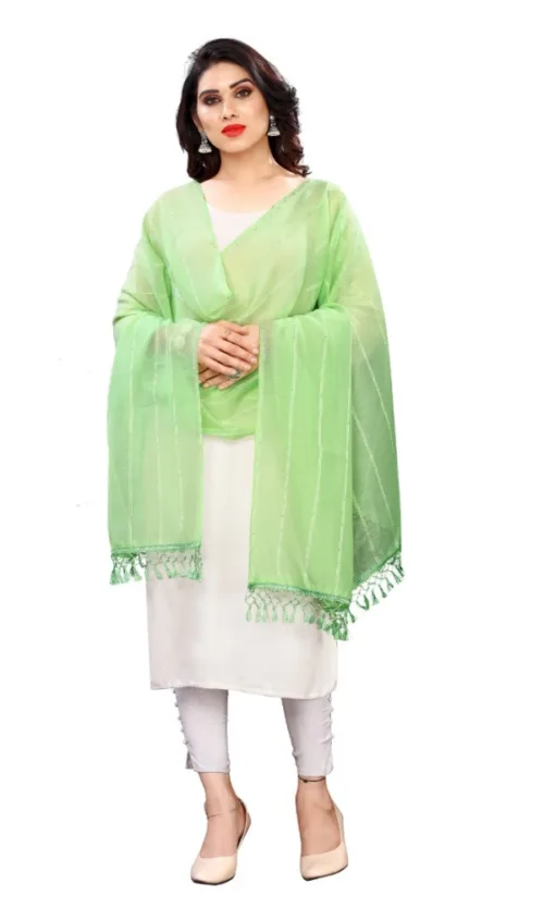 Women's Cotton Silk Strips Printed Dupatta (Parrot Green, Length:2-2.4 mtr)