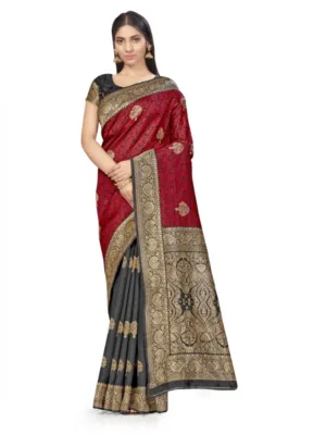 Women's Banarasi Silk Saree With Blouse (Black, Red, 5-6Mtrs)