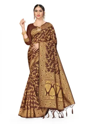 Women's Banarasi Silk Saree With Blouse (Coffee, 5-6Mtrs)