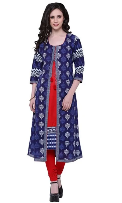 Women's Cotton Printed Long Kurti (Blue, Red, Cotton)