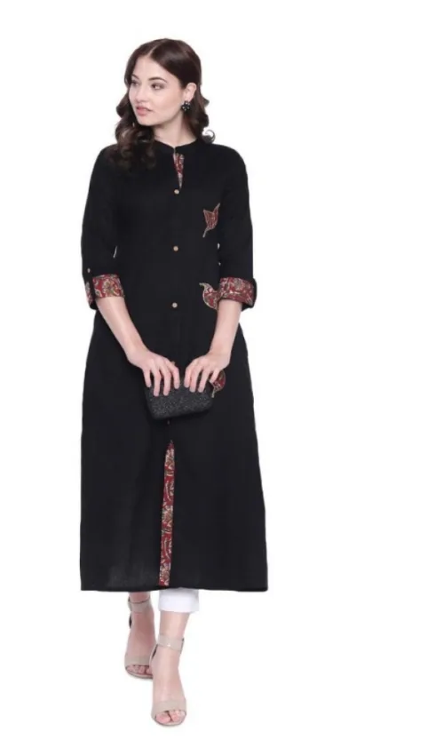 Women's Khadi Printed A Line Kurti  (Black, Khadi)