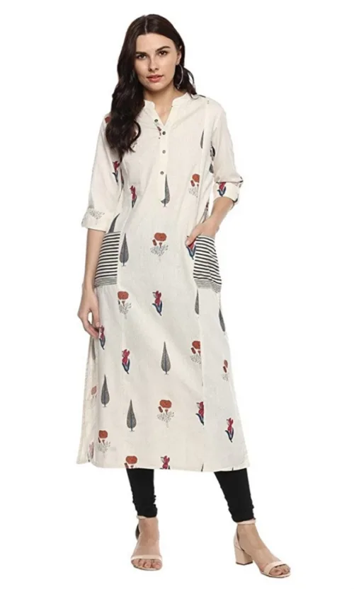 Women's Khadi Printed A Line Kurti (Off White, Khadi)