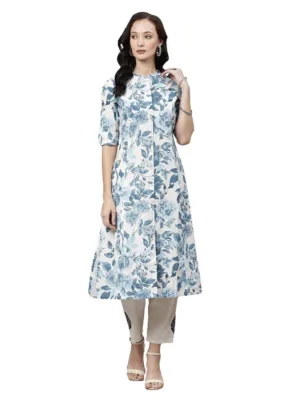 Women's Cotton Printed Floral Print Kurti (White, Blue, Cotton)
