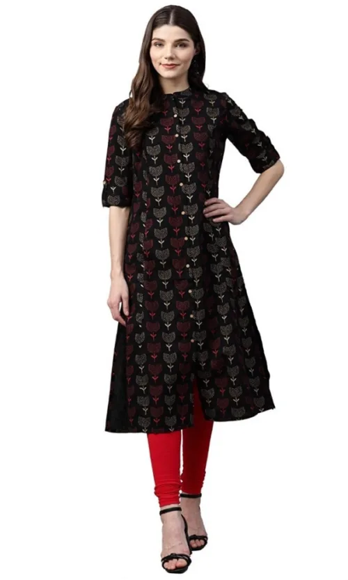 Women's Cotton Printed A Line Kurti (Black, Cotton)