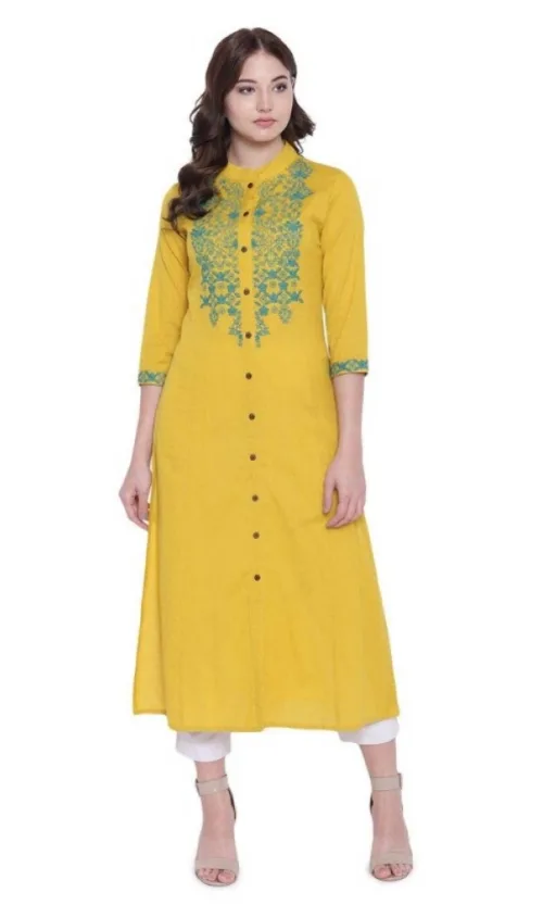 Women's Khadi Embroidered Kurti (Yellow, Khadi)