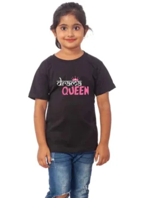 Girls Cotton Drama Queen Half Sleeve TShirt (Black)