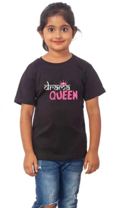Girls Cotton Drama Queen Half Sleeve TShirt (Black)