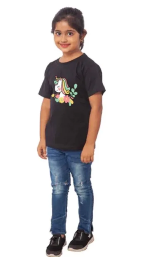 Girls Cotton Unicorn Face Half Sleeve TShirt (Black)