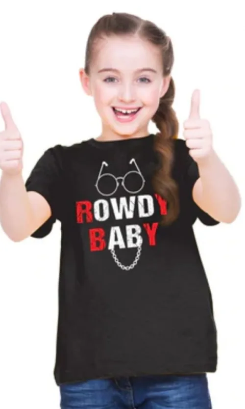 Girls Cotton Rowdy Baby Half Sleeve TShirt (Black)