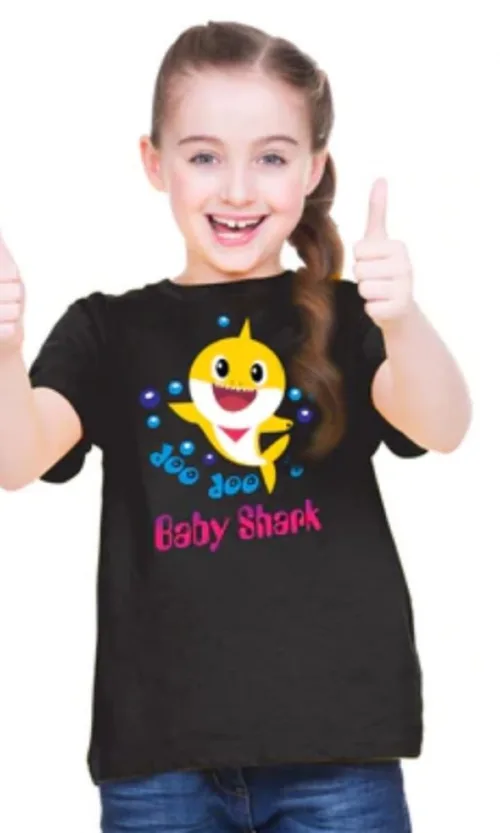 Girls Cotton Baby Shark Half Sleeve TShirt (Black)