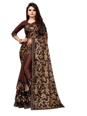 Women's Lycra Blend Saree with Blouse (Coffee, 5-6 Mtrs)