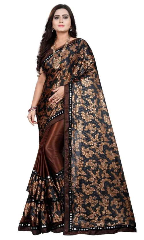 Women's Lycra Blend Saree with Blouse (Coffee, 5-6 Mtrs)