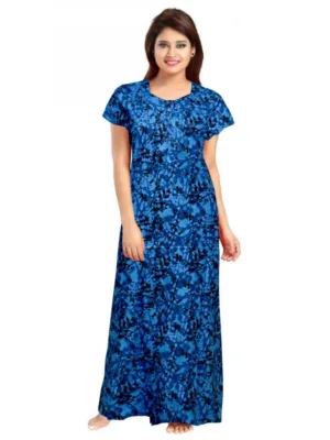 Women's Cotton Printed Maxi Nighty (Blue)