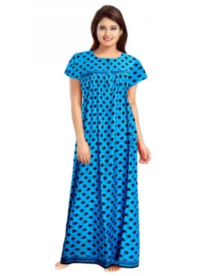 Women's Cotton Printed Maxi Nighty (Aqua Blue)