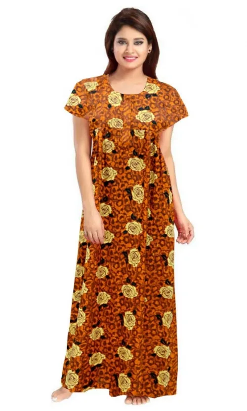 Women's Cotton Printed Maxi Nighty (Mustard)
