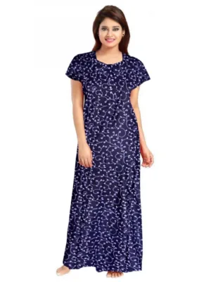 Women's Cotton Printed Maxi Nighty (Blue)