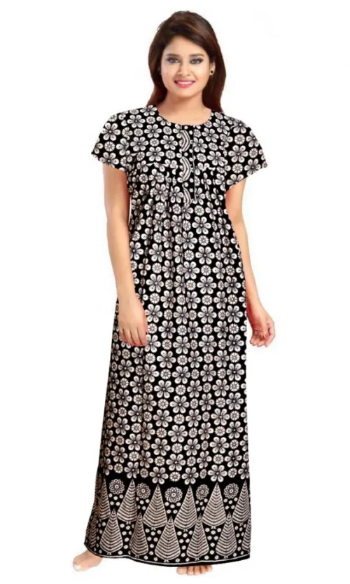 Women's Cotton Printed Maxi Nighty (Black)