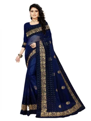 Women's Net Saree With Blouse (Navy Blue, 5-6Mtrs)
