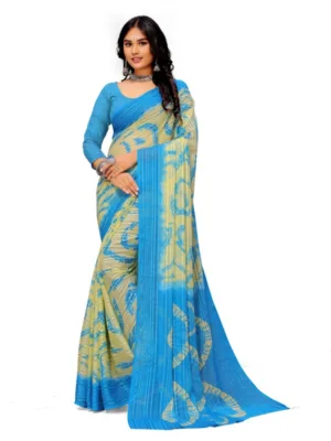 Women's Georgette Printed Saree With Unstitched Blouse (Skyblue)