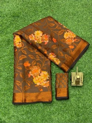 Women's Viscose Rayon Printed Saree With Unstitched Blouse (Brown)
