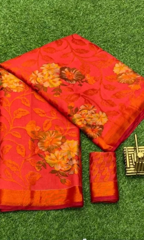 Women's Viscose Rayon Printed Saree With Unstitched Blouse (Red)