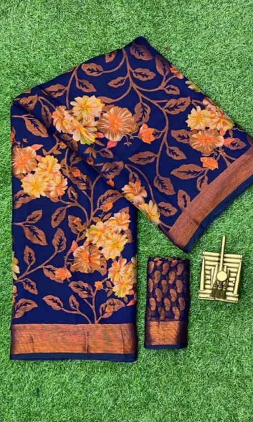 Women's Viscose Rayon Printed Saree With Unstitched Blouse (Navyblue)