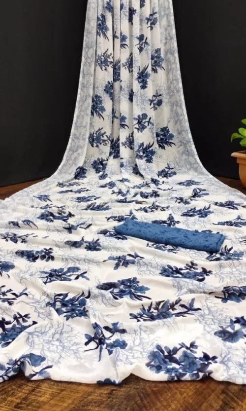 Women's Georgette Printed Saree With Unstitched Blouse (Blue)