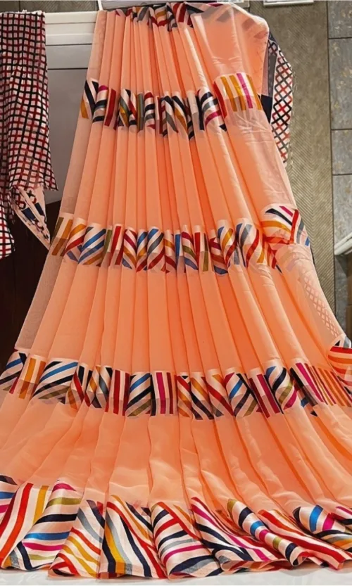 Women's Satin Patta Printed Saree With Unstitched Blouse (Peach)