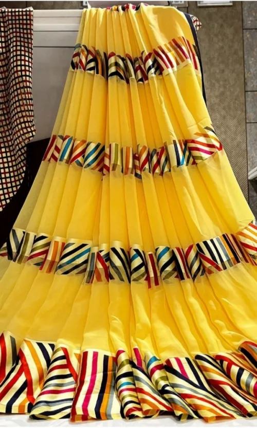 Women's Satin Patta Printed Saree With Unstitched Blouse (Yellow)