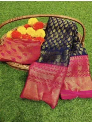Women's Viscose Rayon Printed Saree With Unstitched Blouse (Navy Blue)