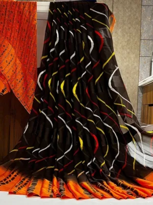 Women's Satin Patta Printed Saree With Unstitched Blouse (Orange)