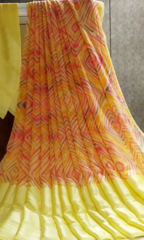 Women's Satin Patta Printed Saree With Unstitched Blouse (Yellow)